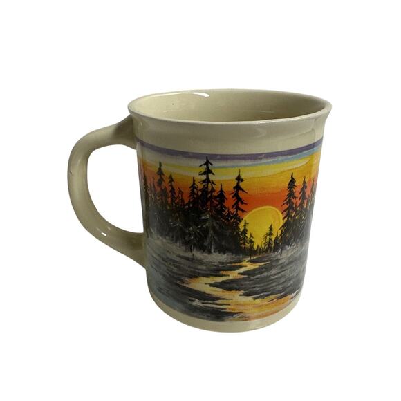 Vintage 80s Forest Mug Coffee Cup Nature Tree Sunset River Japan - Picture 1 of 4